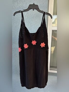 Forever 21 Crochet Open Knit Dress Black Floral Detail Spaghetti Strap Boho 3X